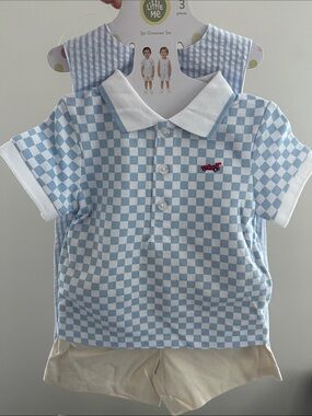 NWT Little Me Blue 3-pc Set Check Polo with Shorts & Romper Size 12M 100% Cotton